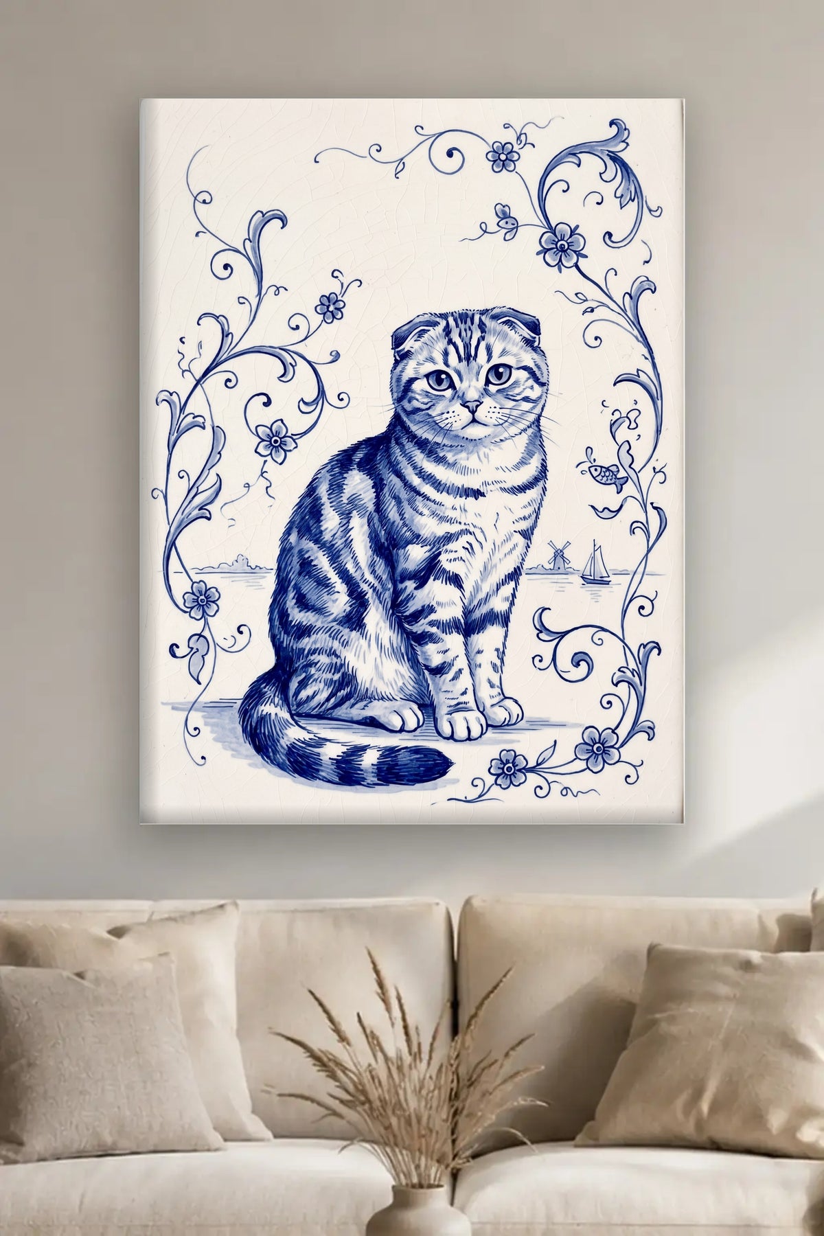 Leinwand im Wohnzimmer: Deine Katze in Delfter Blau – personalisiertes Katzenportrait