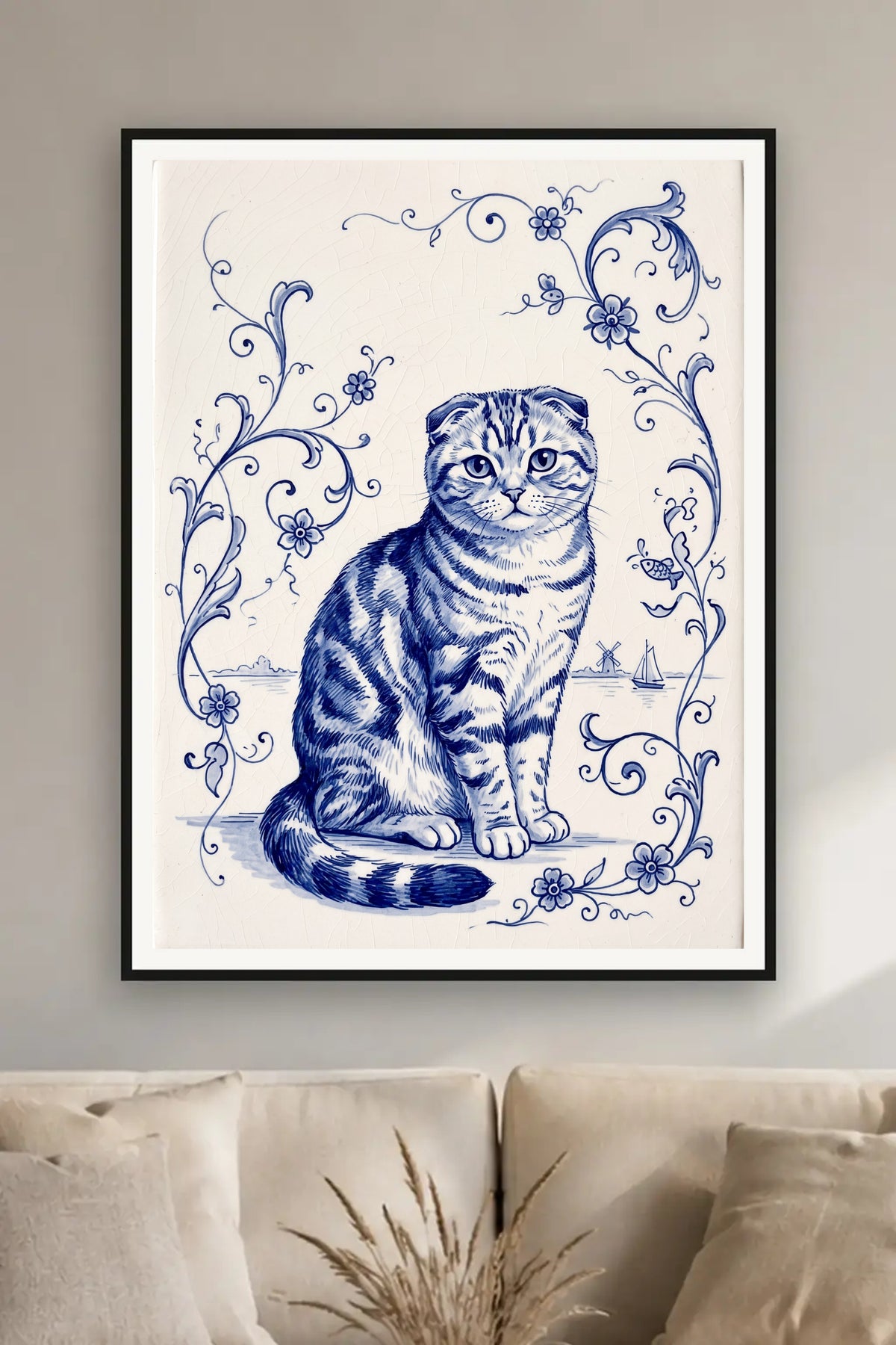 Poster im Wohnzimmer: Deine Katze in Delfter Blau – personalisiertes Katzenportrait
