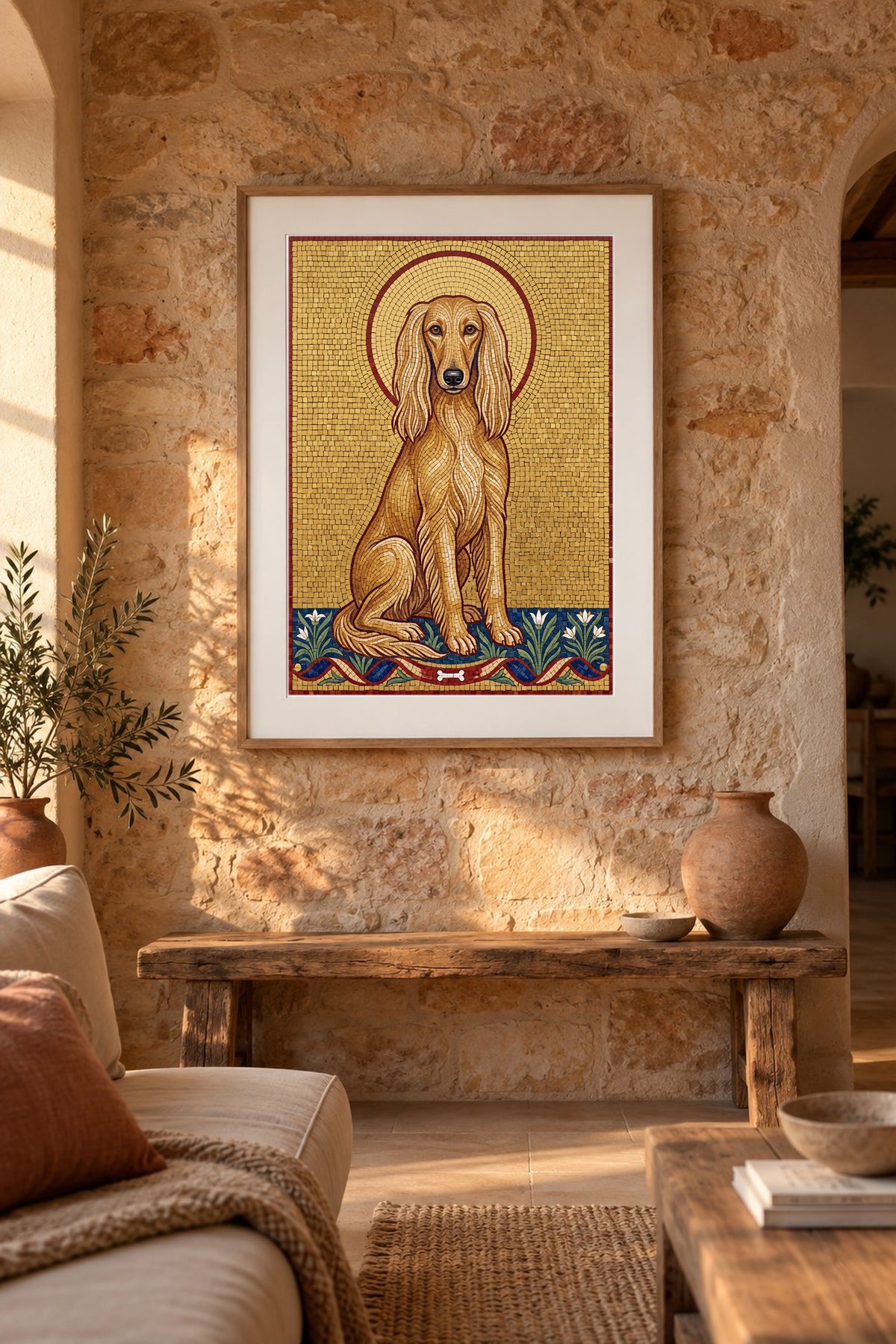 Poster im Wohnzimmer: Dein Hund als Goldmosaik – personalisiertes Hundeportrait