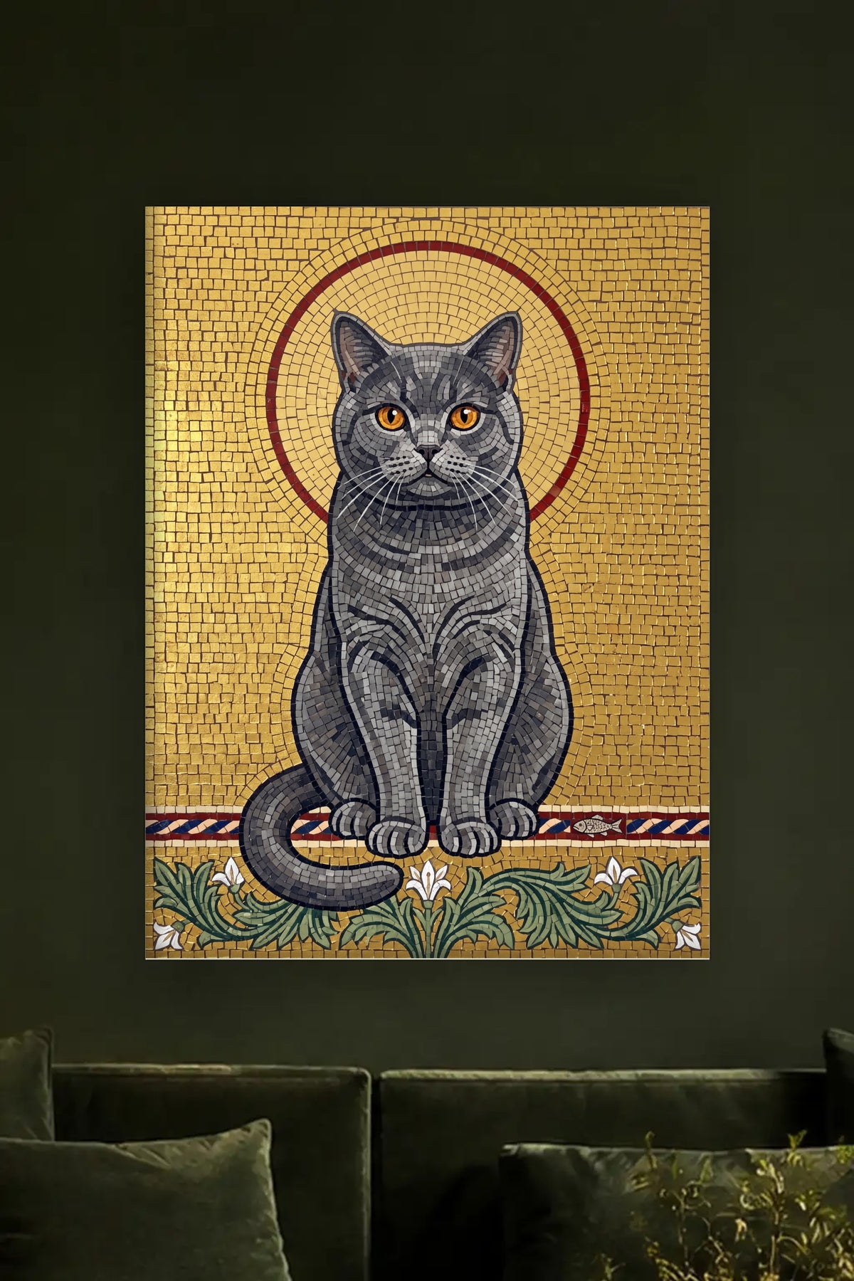Leinwand im Wohnzimmer: Deine Katze als Goldmosaik – personalisiertes Katzenportrait