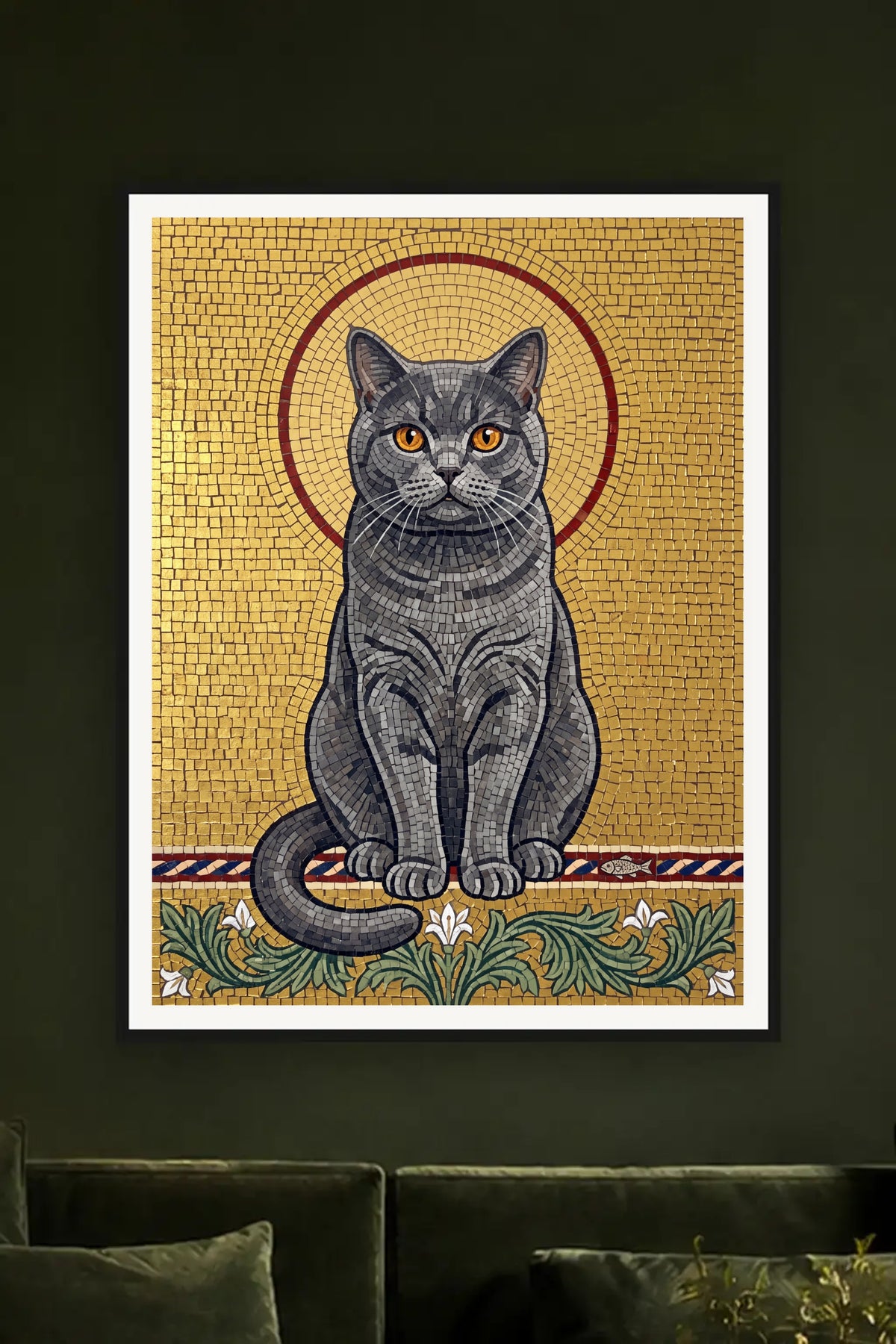 Poster im Wohnzimmer: Deine Katze als Goldmosaik – personalisiertes Katzenportrait