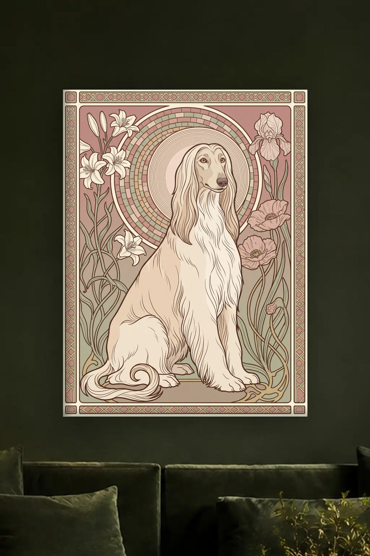Leinwand im Wohnzimmer: Dein Hund als Jugendstil-Panel – personalisiertes Hundeportrait