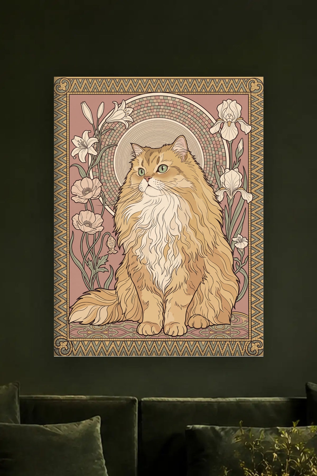 Leinwand im Wohnzimmer: Deine Katze als Jugendstil-Panel – personalisiertes Katzenportrait