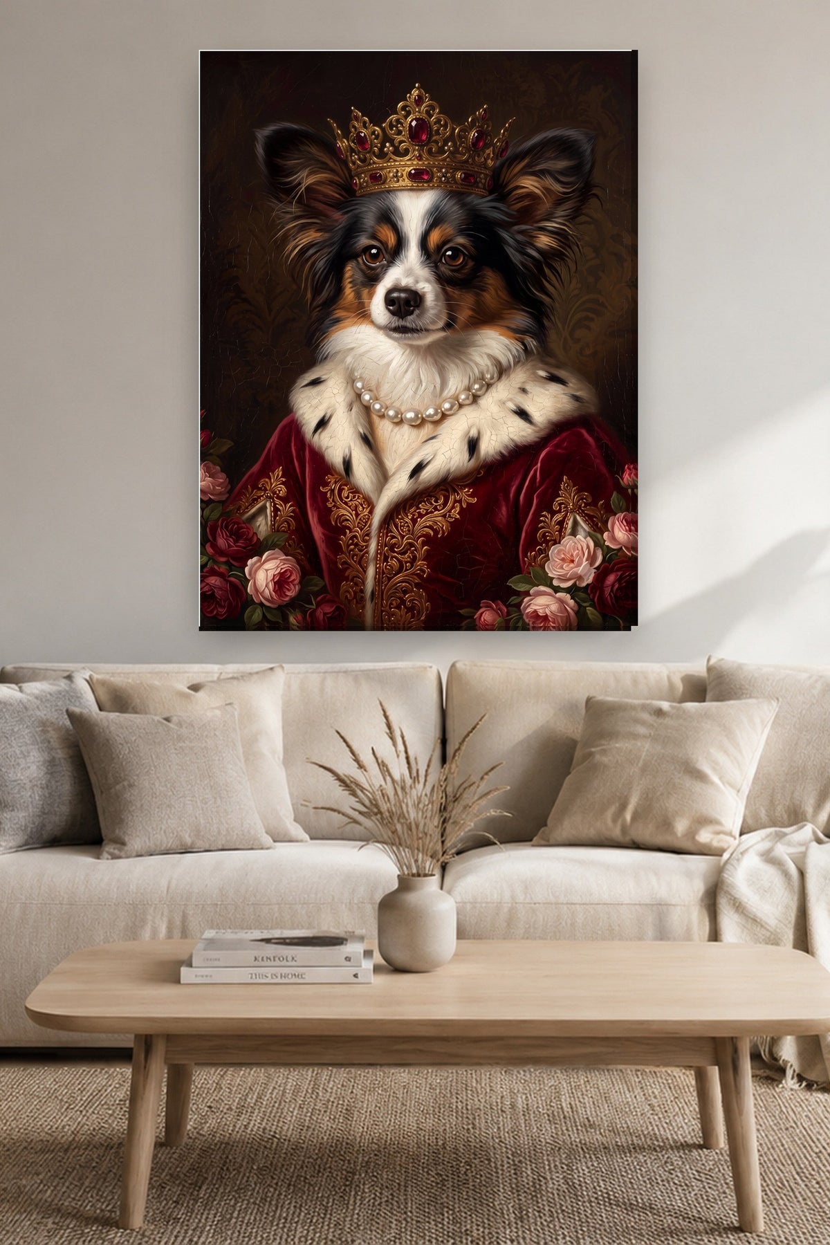 Leinwand im Wohnzimmer: Dein Hund als Renaissance-Königin – personalisiertes Hundeportrait