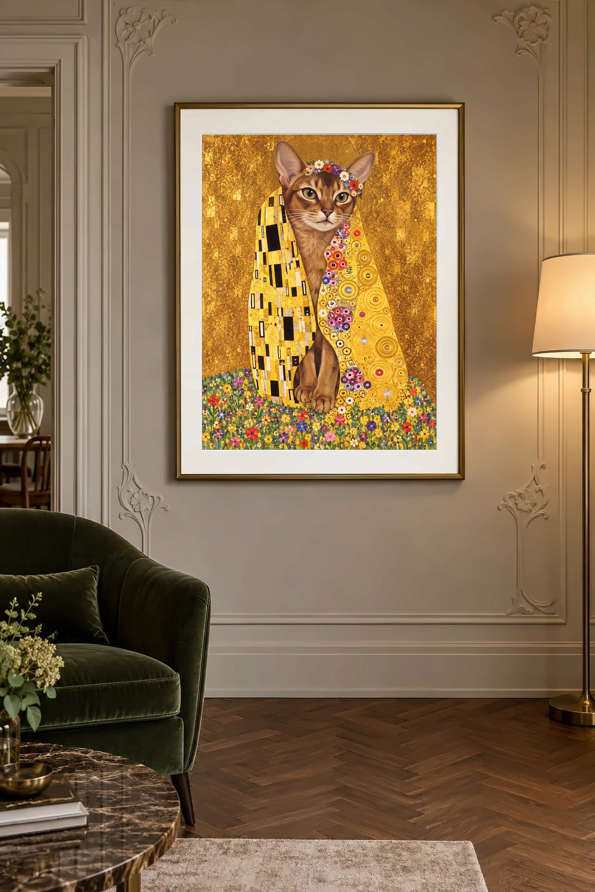 Poster im Wohnzimmer: Deine Katze in Der Kuss – personalisiertes Katzenportrait