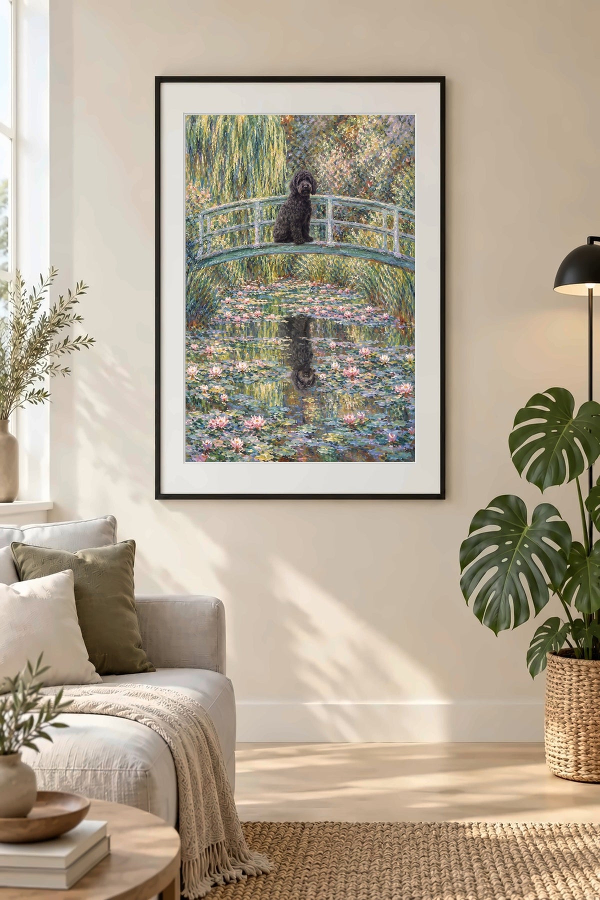 Poster im Wohnzimmer: Dein Hund als Monet Seerosenbrücke – personalisiertes Hundeportrait