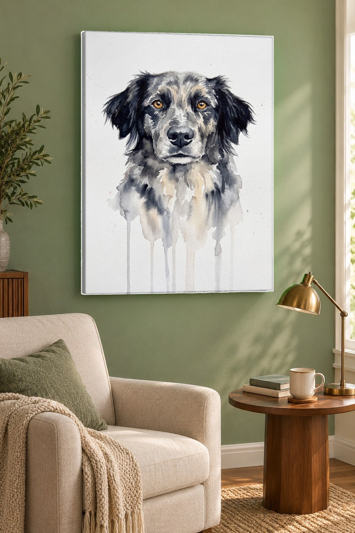 Leinwand im Lesezimmer: Dein Hund als Aquarell Nass-in-Nass – personalisiertes Hundeportrait