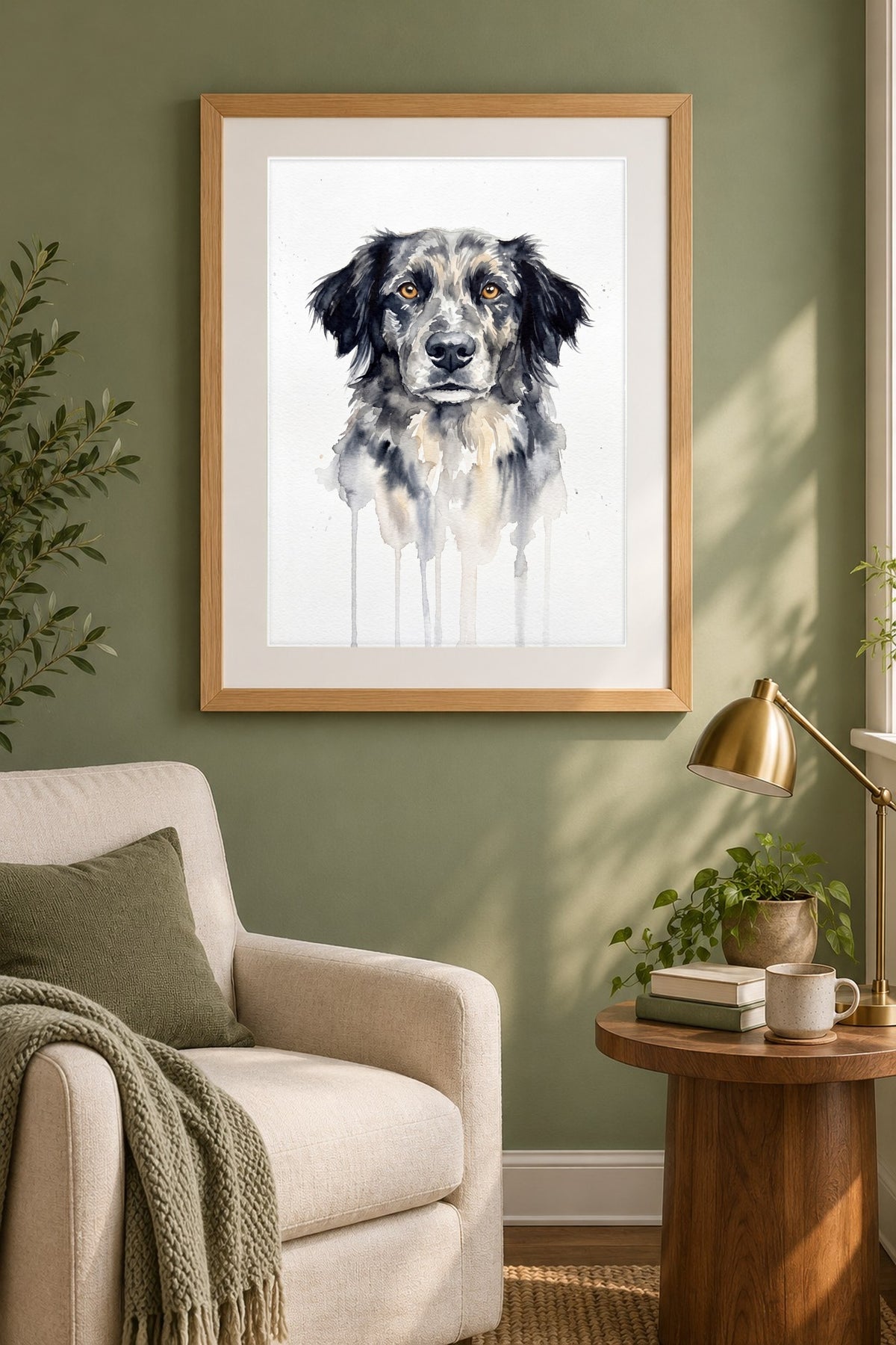 Poster im Lesezimmer: Dein Hund als Aquarell Nass-in-Nass – personalisiertes Hundeportrait