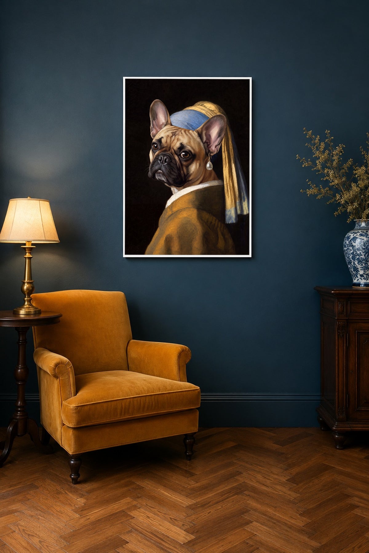 Leinwand im Wohnzimmer: Dein Hund als Mädchen mit dem Perlenohrring – personalisiertes Hundeportrait