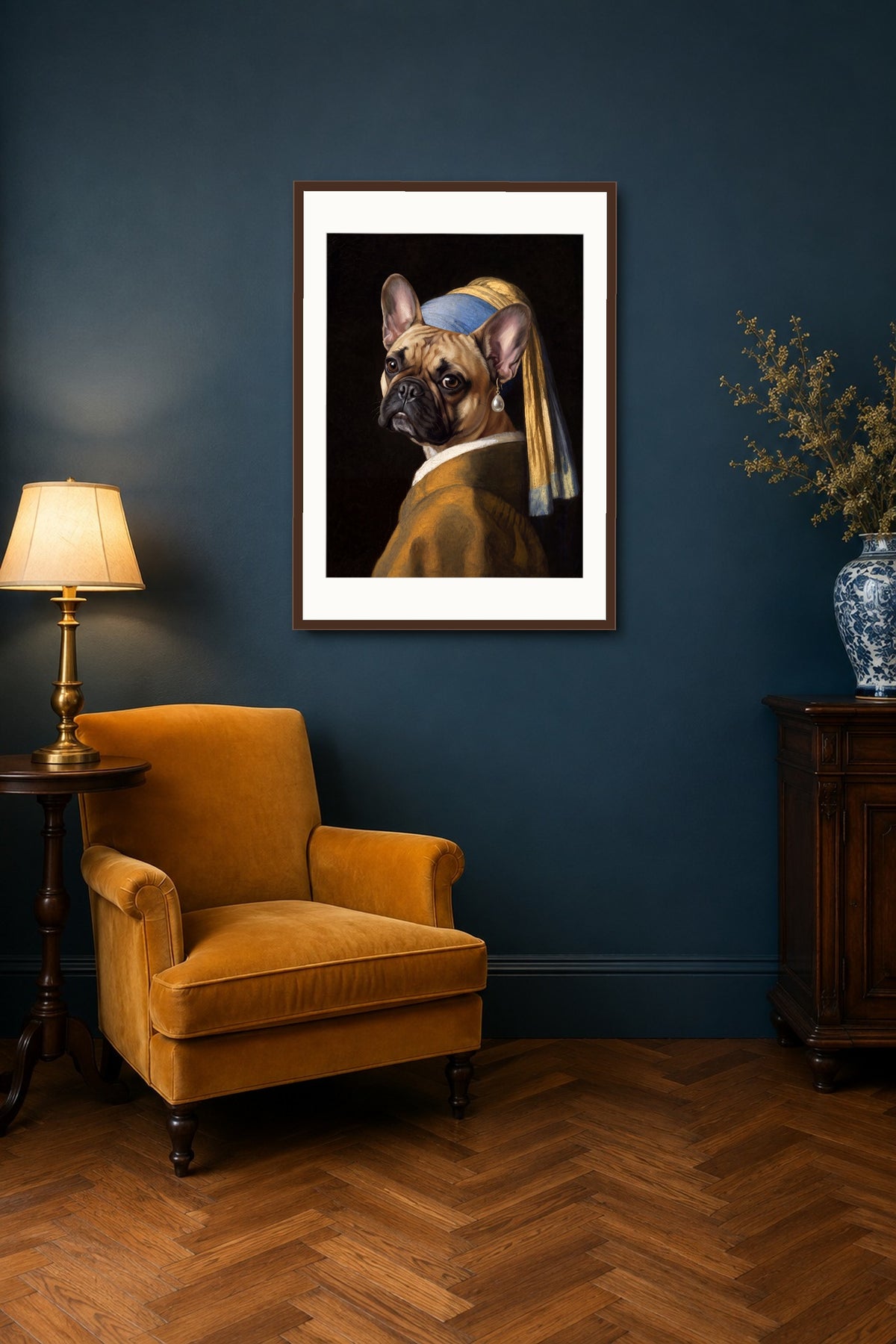 Poster im Wohnzimmer: Dein Hund als Mädchen mit dem Perlenohrring – personalisiertes Hundeportrait