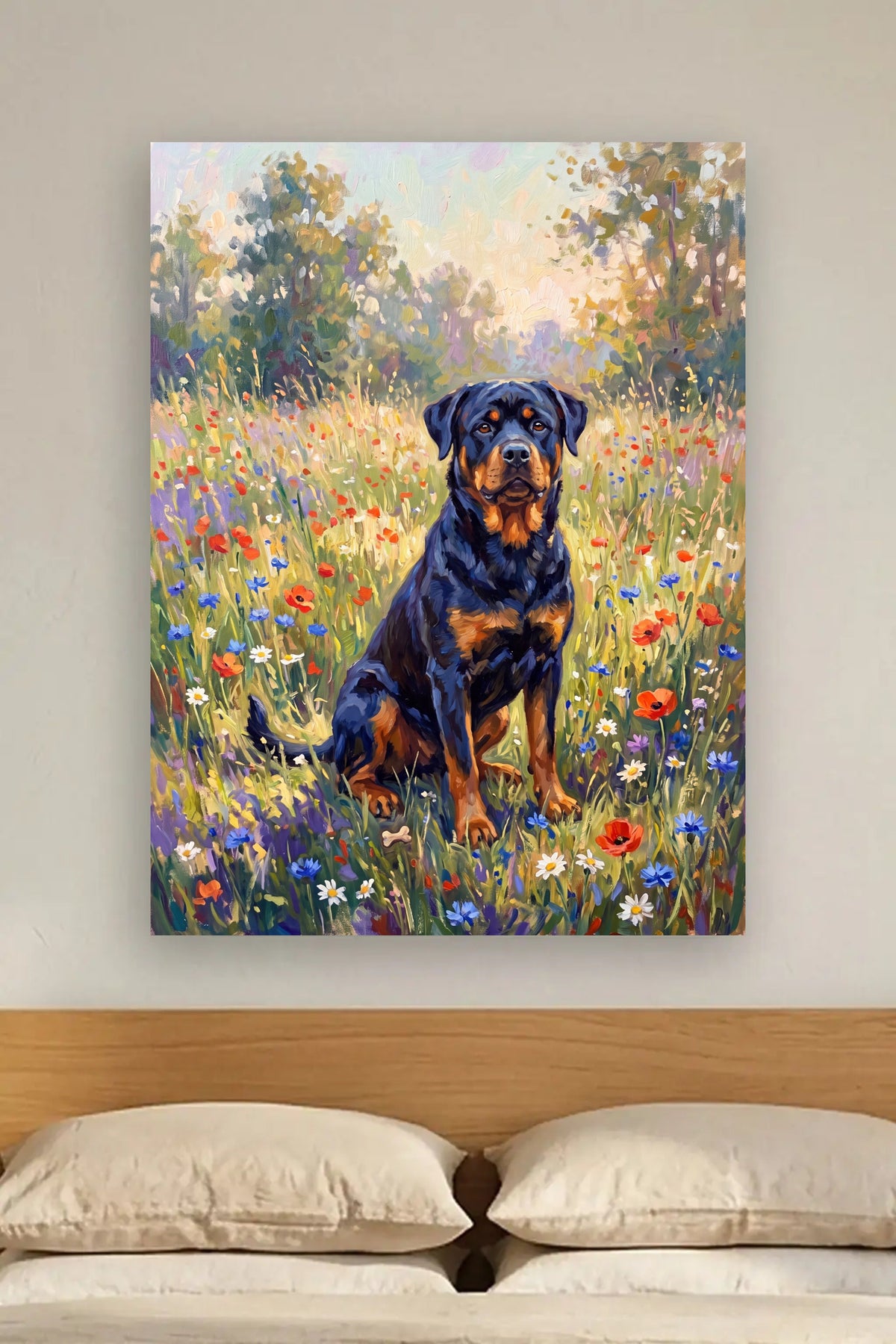 Leinwand im Wohnzimmer: Dein Hund in der Sommerwiese – personalisiertes Hundeportrait