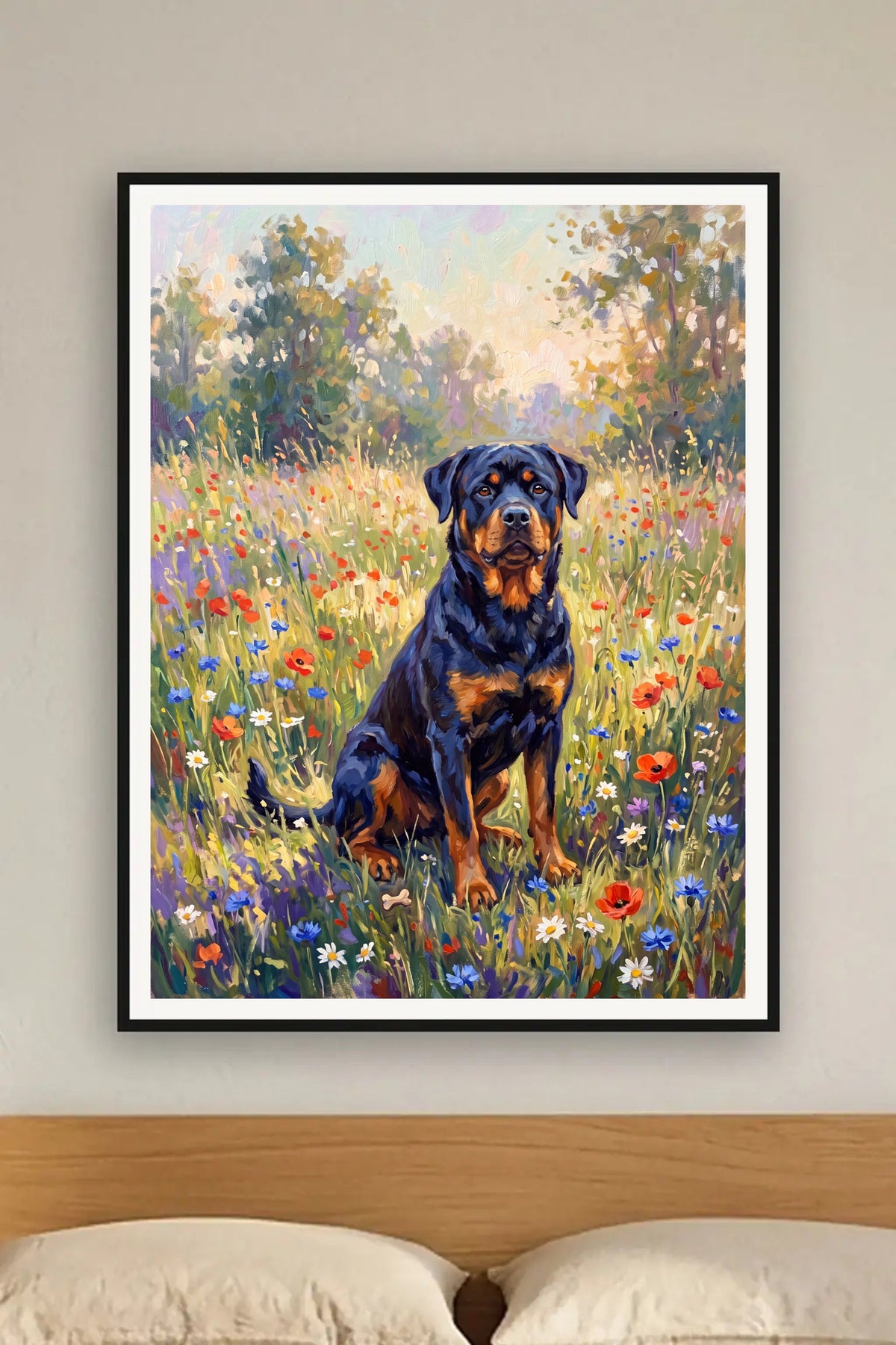 Poster im Wohnzimmer: Dein Hund in der Sommerwiese – personalisiertes Hundeportrait