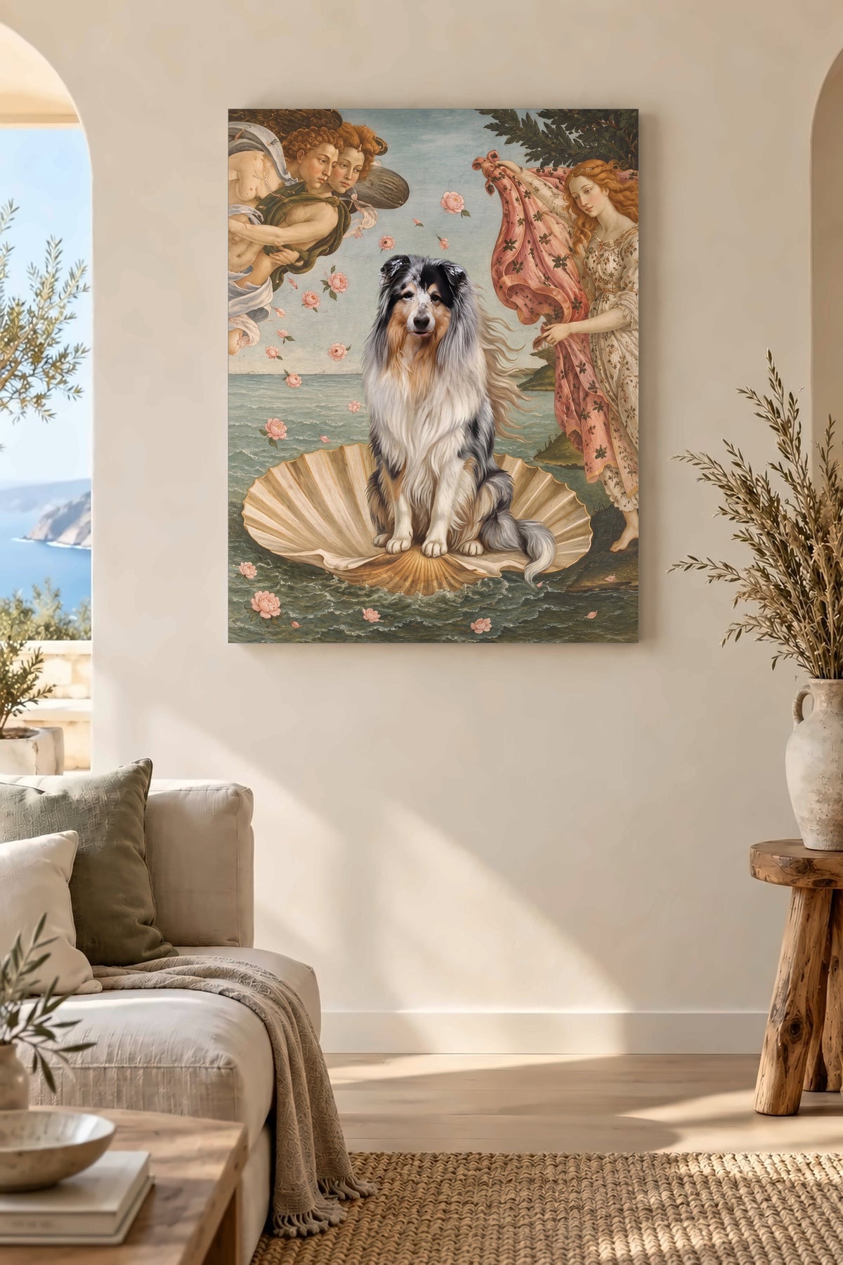 Leinwand im Wohnzimmer: Dein Hund als Geburt der Venus – personalisiertes Hundeportrait