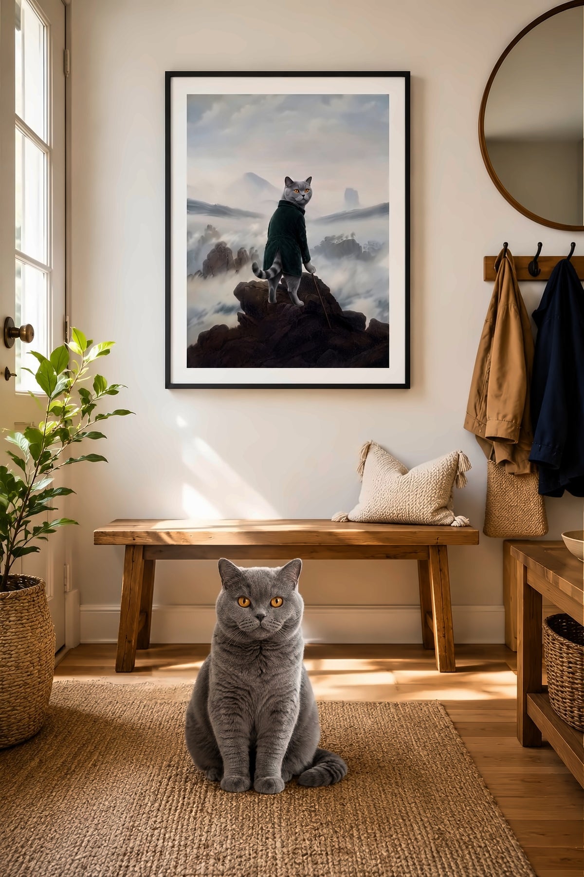 Poster im Wohnzimmer: Deine Katze als Wanderer über dem Nebelmeer – personalisiertes Katzenportrait