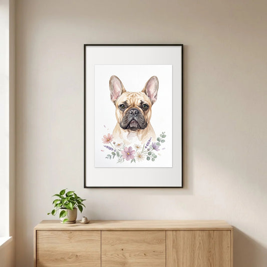 Dein Haustier als Aquarell mit Blütenzweig - gerahmtes Poster in heller Wohnszene