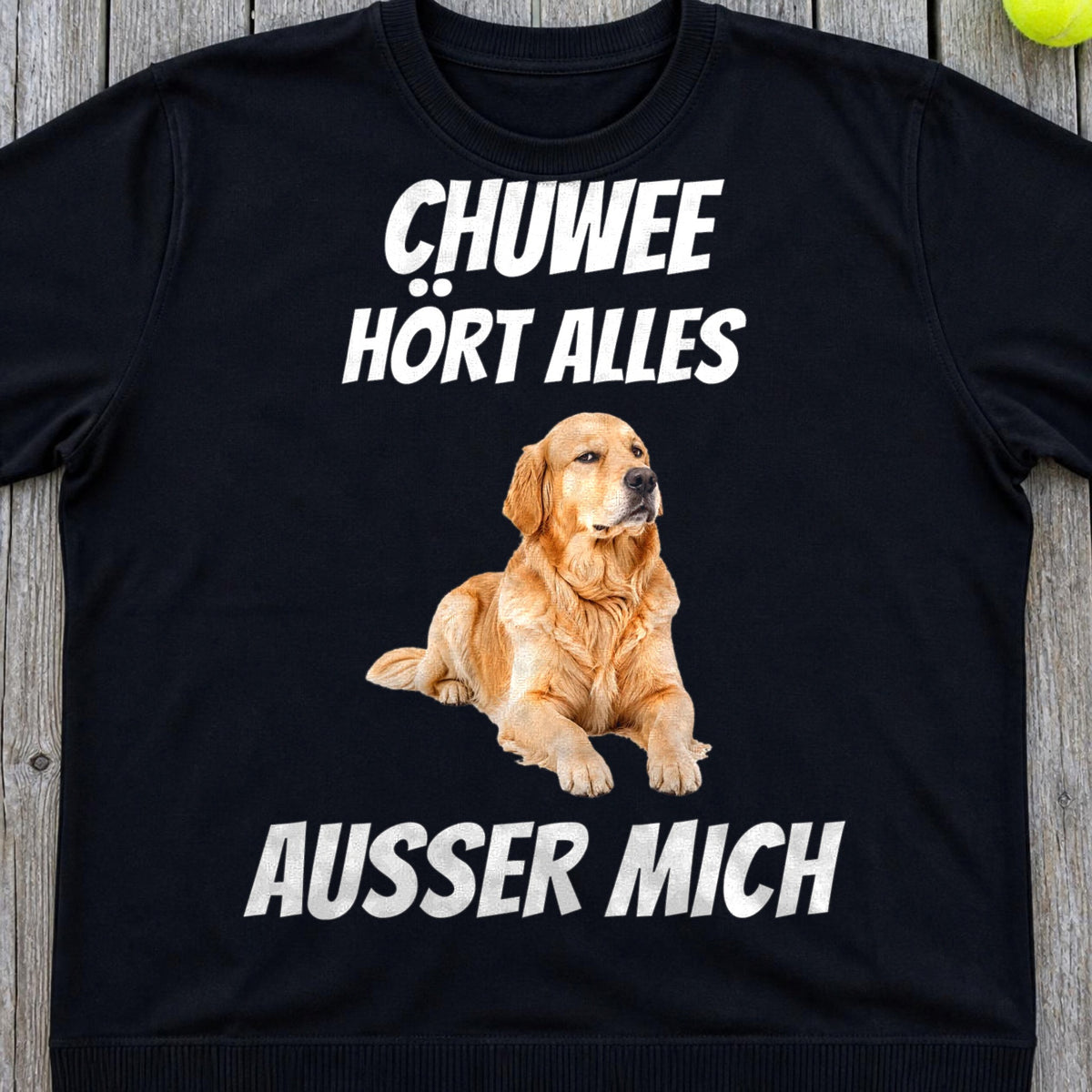 Schwarzes T-Shirt Hoert alles ausser mich Golden Retriever Nahaufnahme Flatlay