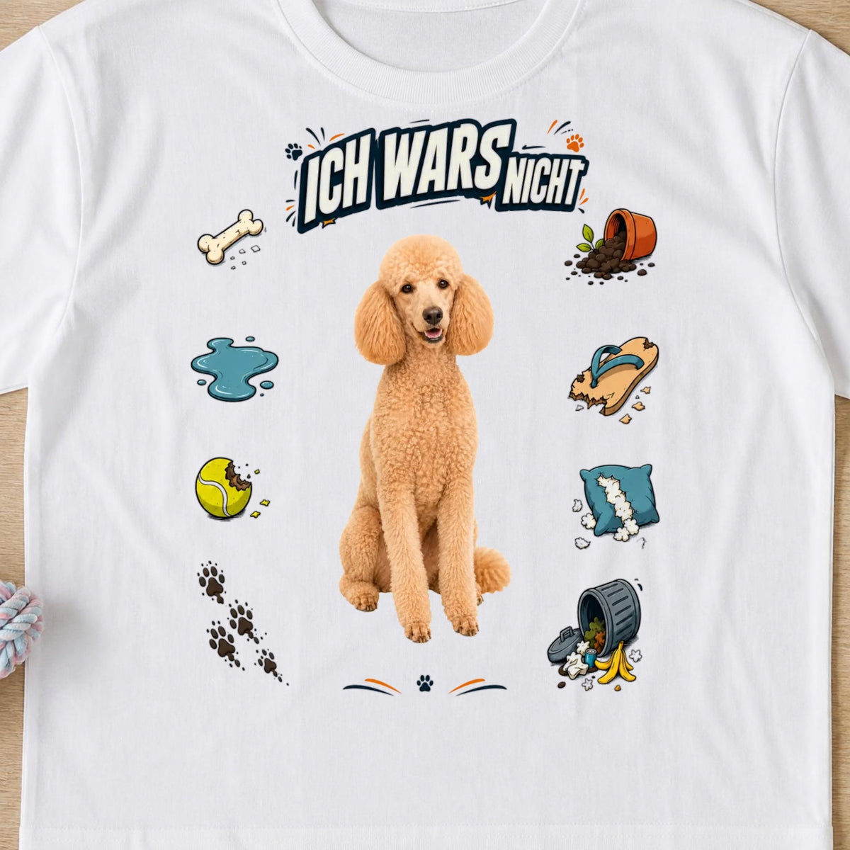 Weisses T-Shirt Ich wars nicht Pudel Nahaufnahme Flatlay