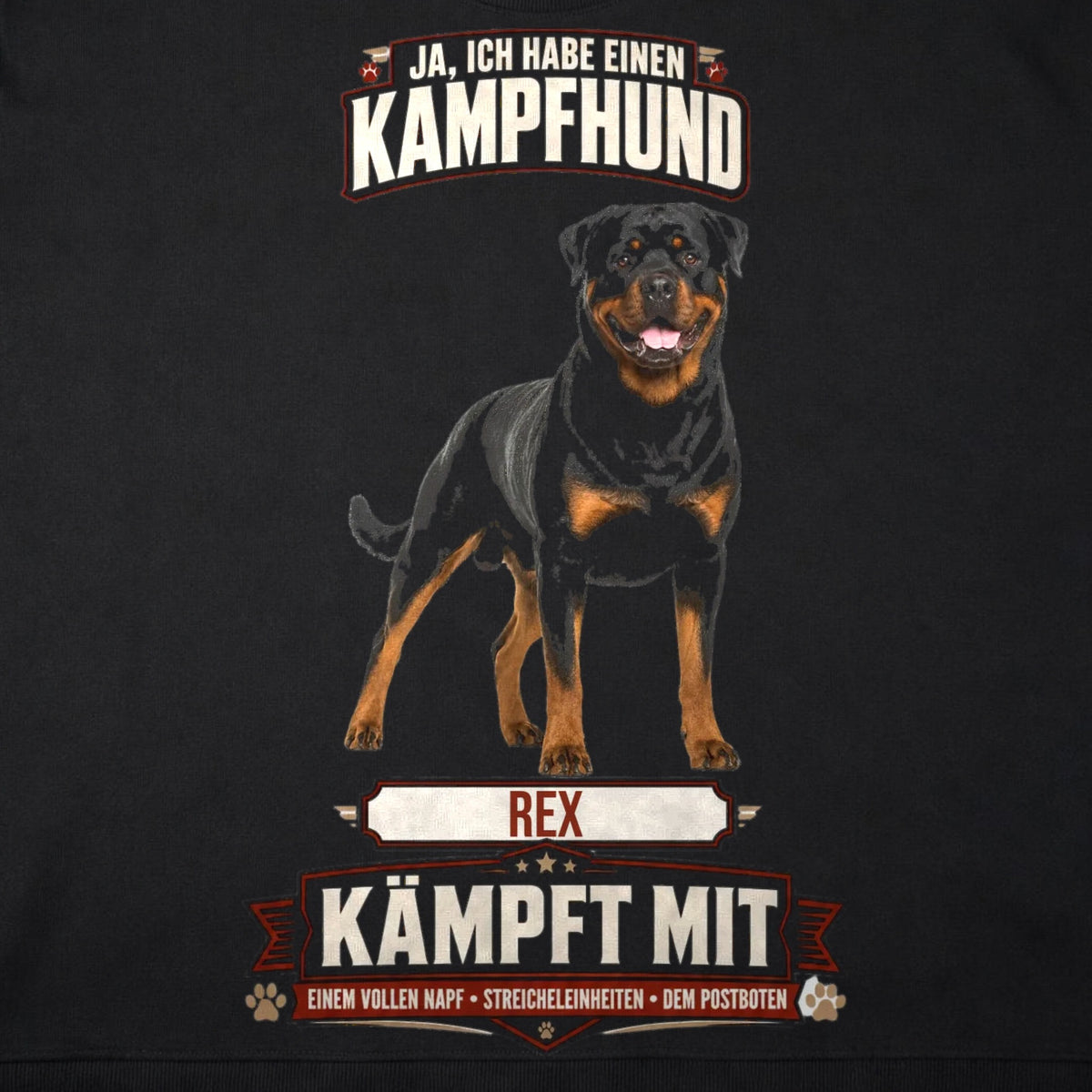 Schwarzes T-Shirt Kampfhund Rottweiler Rex Nahaufnahme