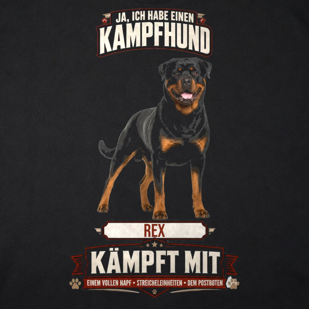 Schwarzes T-Shirt Kampfhund Rottweiler Rex Nahaufnahme