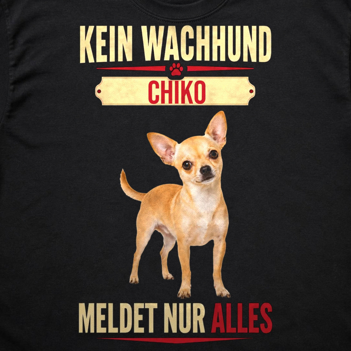 Schwarzes T-Shirt Kein Wachhund Chihuahua Flatlay Nahaufnahme