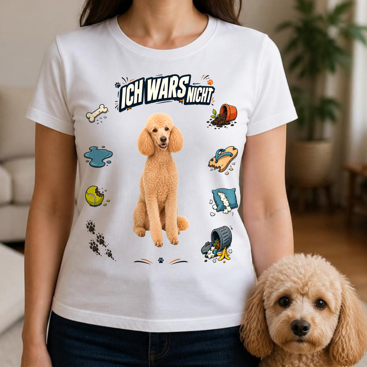 Frau traegt weisses T-Shirt Ich wars nicht mit Pudel-Motiv