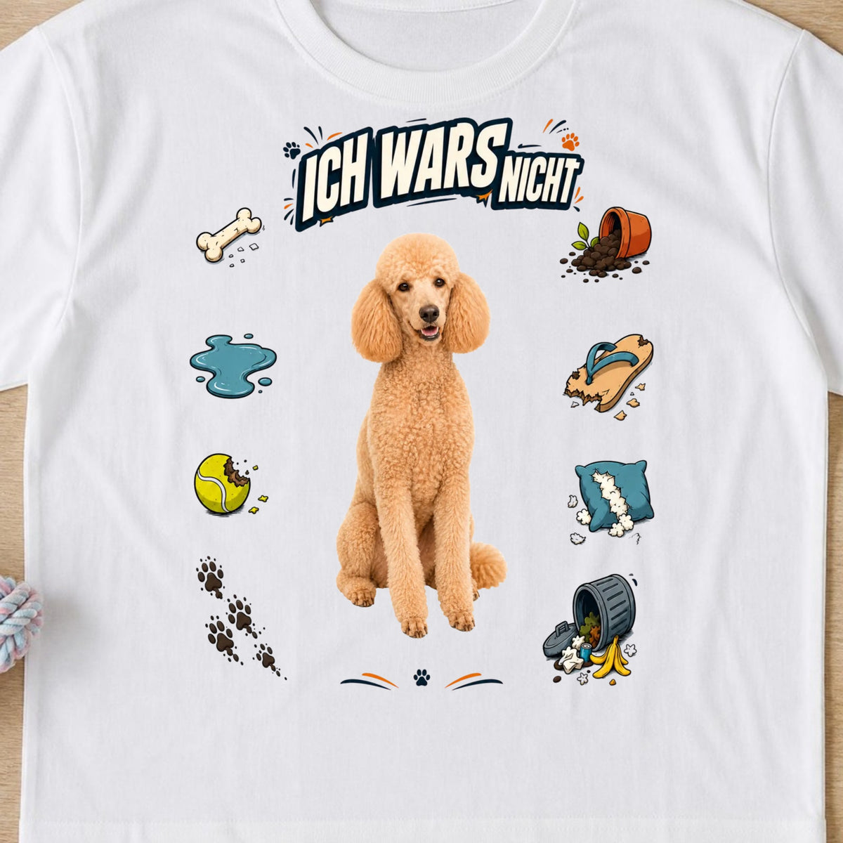 Weisses T-Shirt Ich wars nicht Pudel Nahaufnahme Flatlay