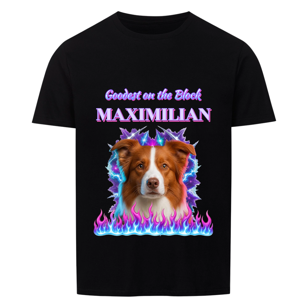 Goodest On The Block custom pet t-shirt black - your dog as a 90s rap bootleg airbrush portrait with lightning, chrome stars and cyan-magenta flames, Goodest on the Block script and name on top
