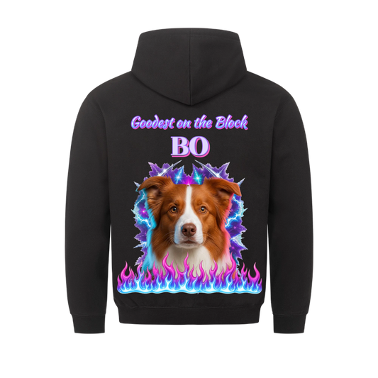 Goodest On The Block custom pet hoodie black, back print - your dog as a 90s rap bootleg airbrush portrait with lightning and flames, with name