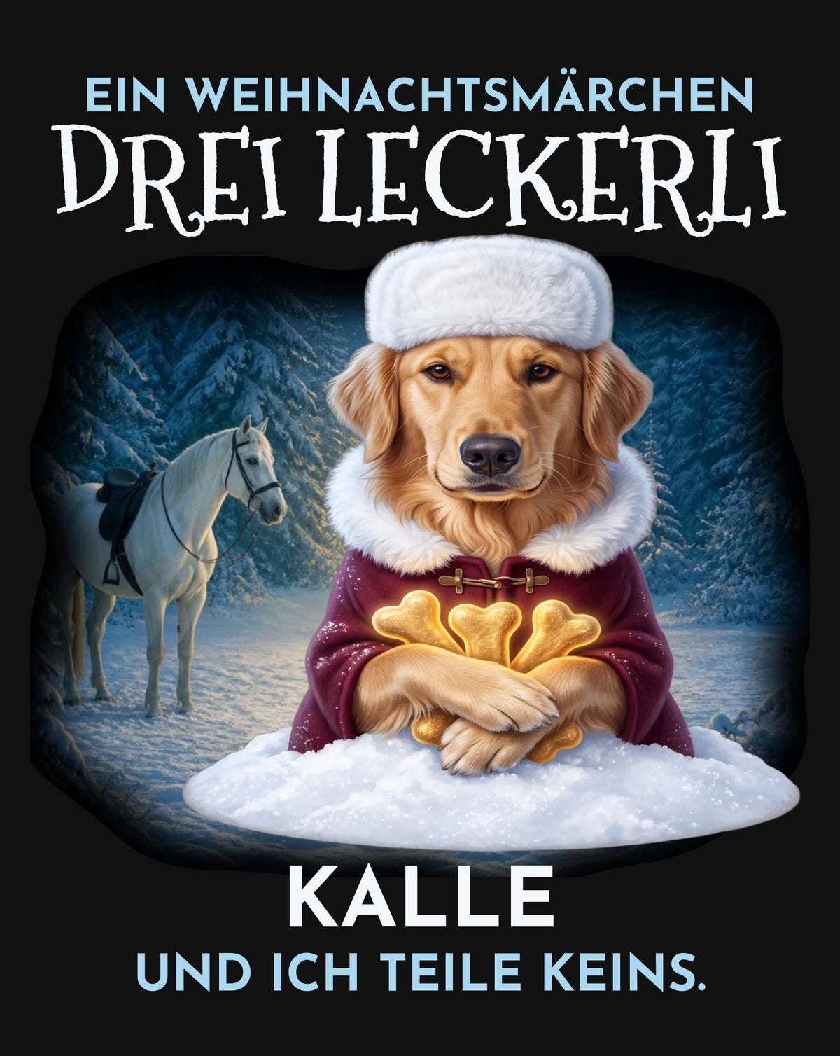 Drei Leckerli – Druckdetail: Golden Retriever mit Pelzmütze im Winterwald, personalisiert mit Name | Lil Snouts