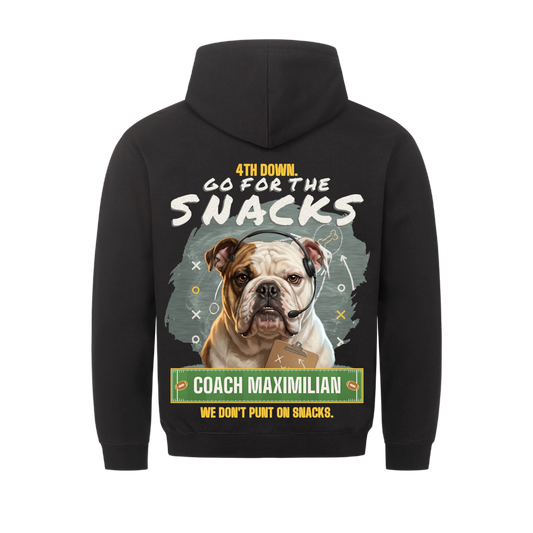 4th Down Go for the Snacks custom pet hoodie black, back print - your dog as a coach with headset and clipboard, chalkboard X and O play, with Coach name