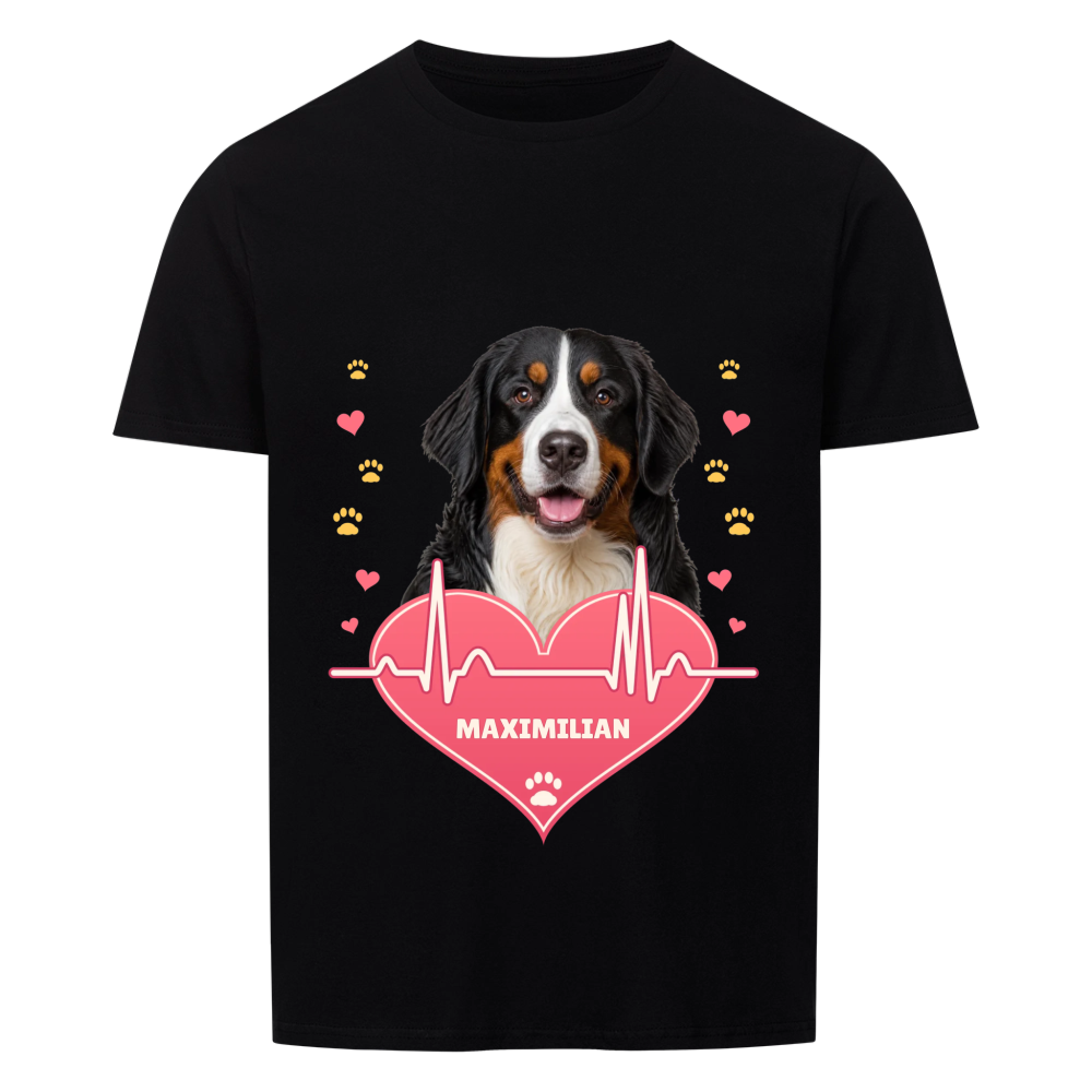 Pawbeat Heartline custom pet t-shirt black - your dog's portrait above a pink heart with a heartbeat line, name inside the heart, small hearts and paw prints