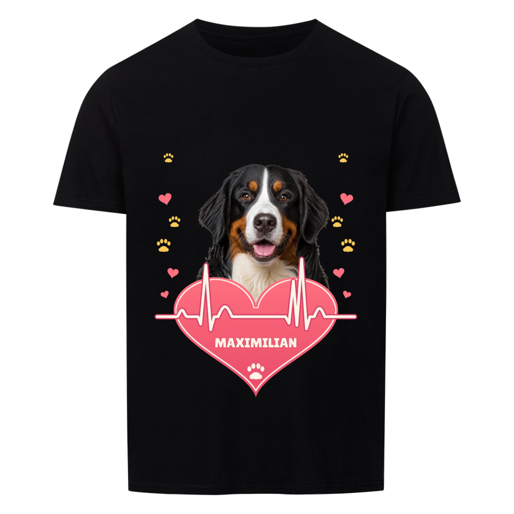 Pawbeat Heartline custom pet t-shirt black - your dog's portrait above a pink heart with a heartbeat line, name inside the heart, small hearts and paw prints