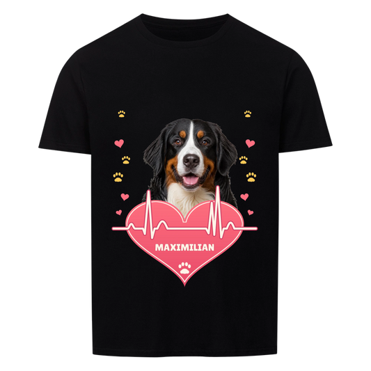 Pawbeat Heartline custom pet t-shirt black - your dog's portrait above a pink heart with a heartbeat line, name inside the heart, small hearts and paw prints