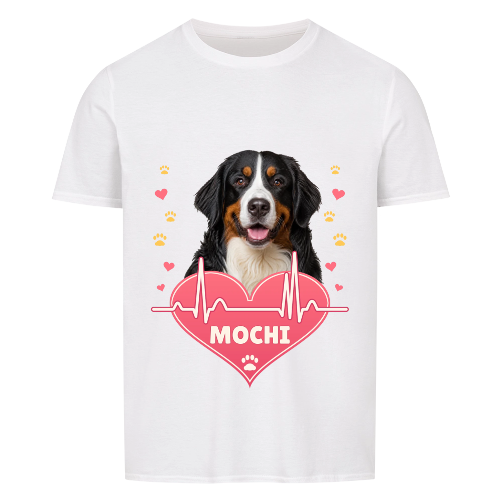 Pawbeat Heartline custom pet t-shirt white - your dog's portrait above a pink heart with a heartbeat line, name inside the heart