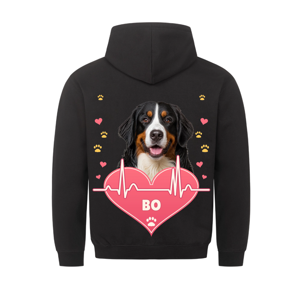 Pawbeat Heartline custom pet hoodie black, back print - your dog's portrait above a pink heart with a heartbeat line, name inside the heart