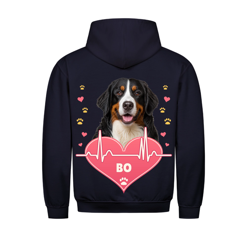 Pawbeat Heartline custom pet hoodie navy, back print - your dog's portrait above a pink heart with a heartbeat line, name inside the heart