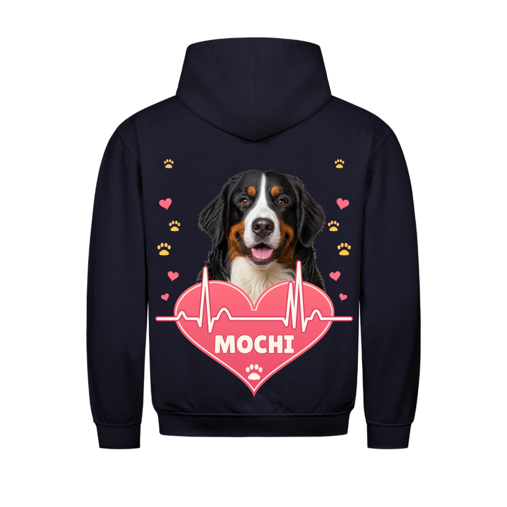 Pawbeat Heartline custom pet hoodie navy, back print - your dog's portrait above a pink heart with a heartbeat line, name inside the heart