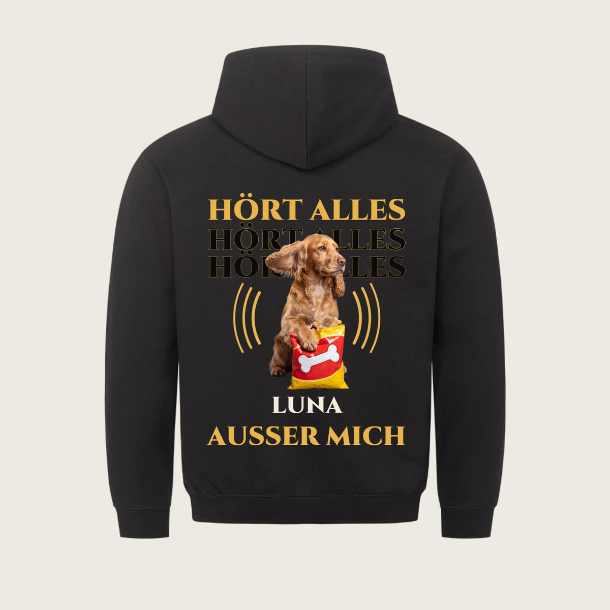 Hört alles außer mich – Flatlay: schwarzer Hoodie mit Rückendruck und Name | Lil Snouts