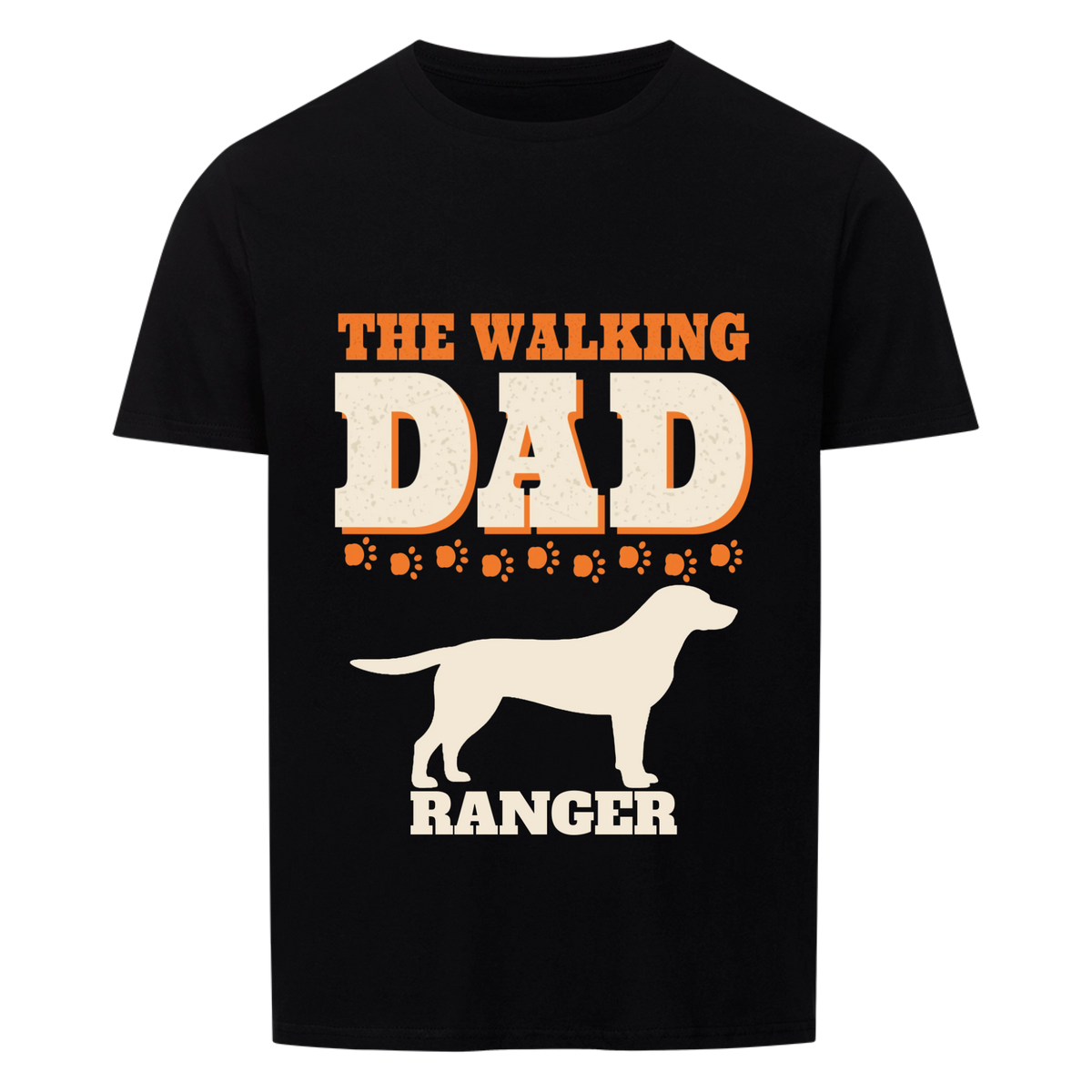 Leash Legends custom dog dad t-shirt black, front print - THE WALKING DAD in bold letters, a row of orange paw prints, Labrador silhouette and dog name RANGER