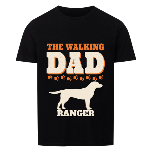 Leash Legends custom dog dad t-shirt black, front print - THE WALKING DAD in bold letters, a row of orange paw prints, Labrador silhouette and dog name RANGER