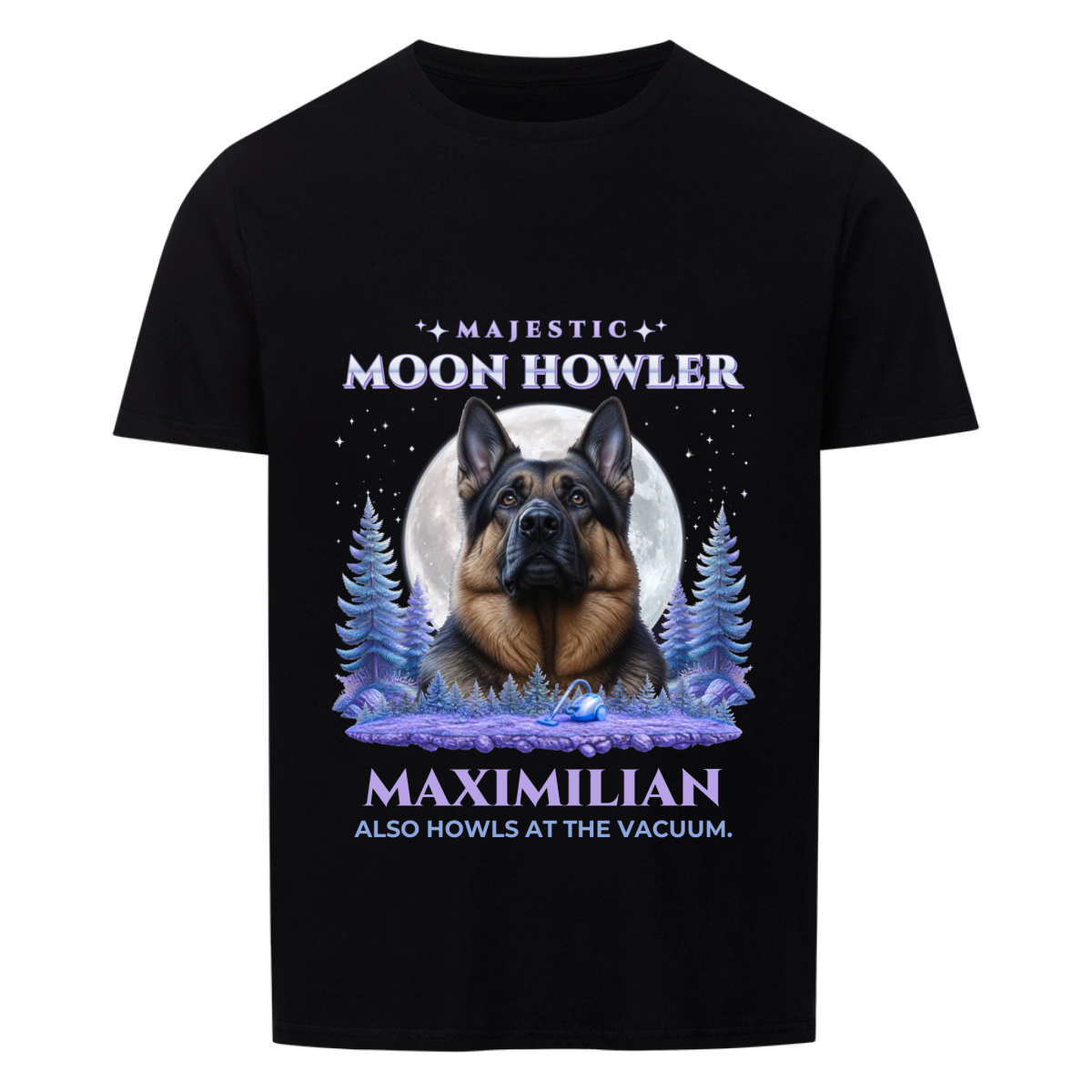 Majestic Moon Howler custom pet t-shirt black - your dog in front of a glowing full moon with lavender pine trees and stars, tiny vacuum below, name and ALSO HOWLS AT THE VACUUM