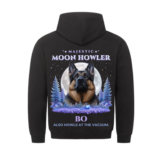Majestic Moon Howler custom pet hoodie black, back print - your dog in front of a glowing full moon with lavender pine trees and stars, with name