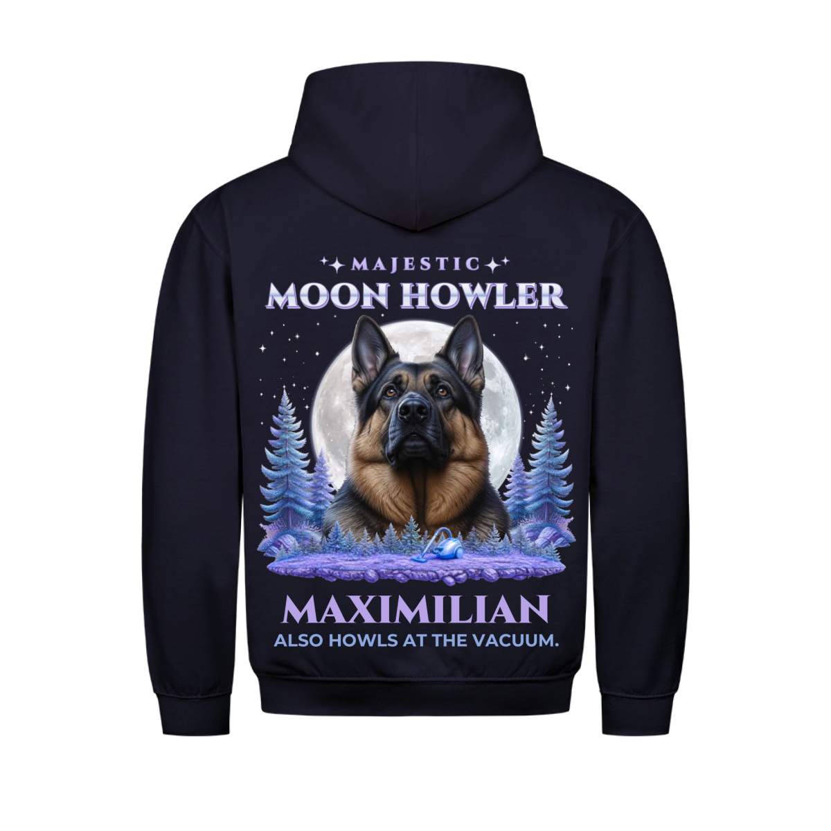 Majestic Moon Howler custom pet hoodie navy, back print - your dog in front of a glowing full moon with lavender pine trees and stars, with name