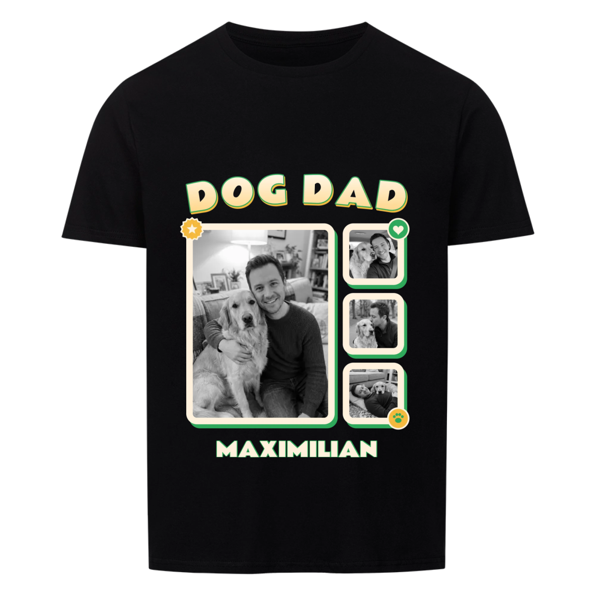 Pawrent Snapshot Grid custom pet t-shirt black - DOG DAD title above a black and white photo grid with one large and three small framed photos of a man and his golden retriever, name MAXIMILIAN below