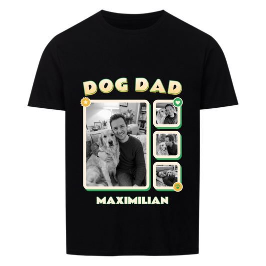 Pawrent Snapshot Grid custom pet t-shirt black - DOG DAD title above a black and white photo grid with one large and three small framed photos of a man and his golden retriever, name MAXIMILIAN below