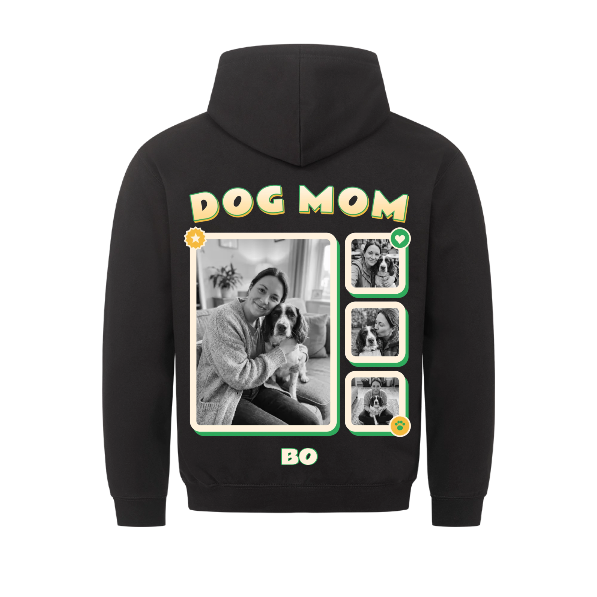 Pawrent Snapshot Grid custom pet hoodie black, back print - DOG MOM title above a black and white photo grid of a woman with her spaniel, name BO below