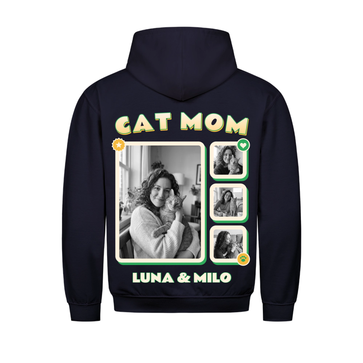 Pawrent Snapshot Grid custom pet hoodie navy, back print - CAT MOM title above a black and white photo grid of a woman with her tabby cat, names LUNA & MILO below