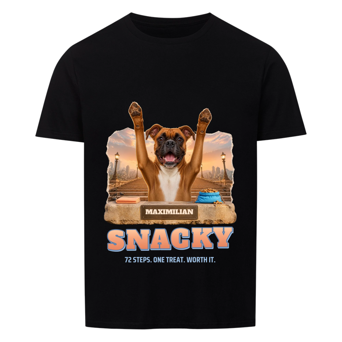 Snacky custom pet t-shirt black - your dog with both paws raised at the top of a stone staircase at sunrise, treat bag on the ledge, name on the bronze plaque, SNACKY in peach letters