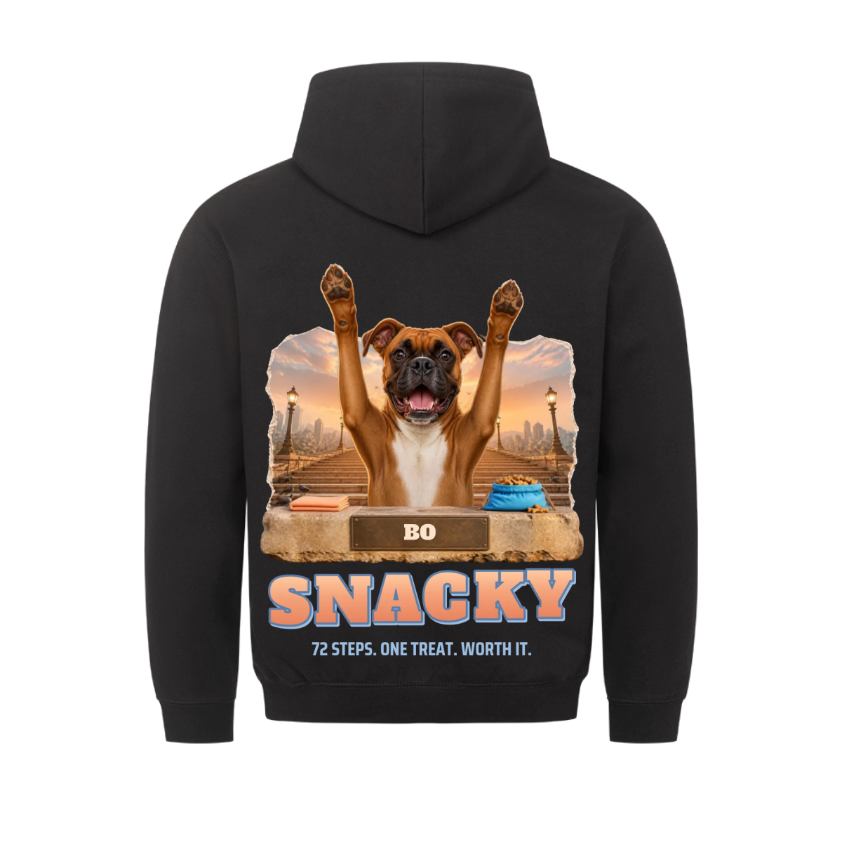 Snacky custom pet hoodie black, back print - your dog with both paws raised at the top of a stone staircase at sunrise, treat bag on the ledge, name on the bronze plaque