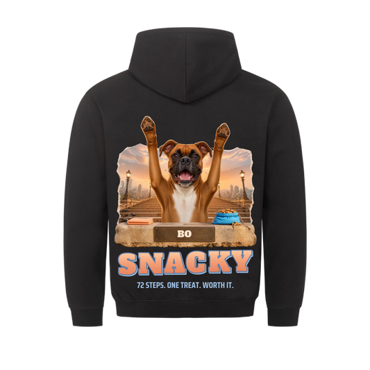 Snacky custom pet hoodie black, back print - your dog with both paws raised at the top of a stone staircase at sunrise, treat bag on the ledge, name on the bronze plaque